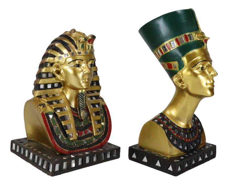 Ebros Golden Mask of Egypt Pharaoh King TUT and Queen Nefertiti Statue Set of 2