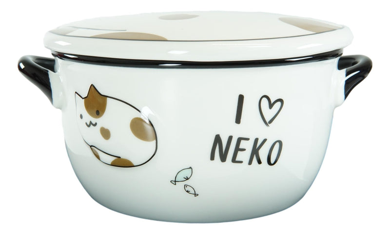 Pack Of 2 Calico Maneki Neko Lucky Cat Porcelain Kids Food Bowls W/ Lid 25Oz