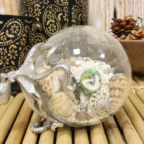 Sea Octopus Pulling Glass Globe Ball With Sand Seashells And Beach