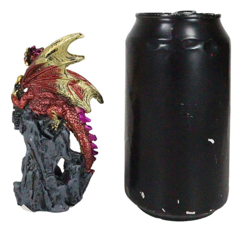 Metallic Crimson Red Dragon Guarding Castle Tower On Mountain Cliff Figurine