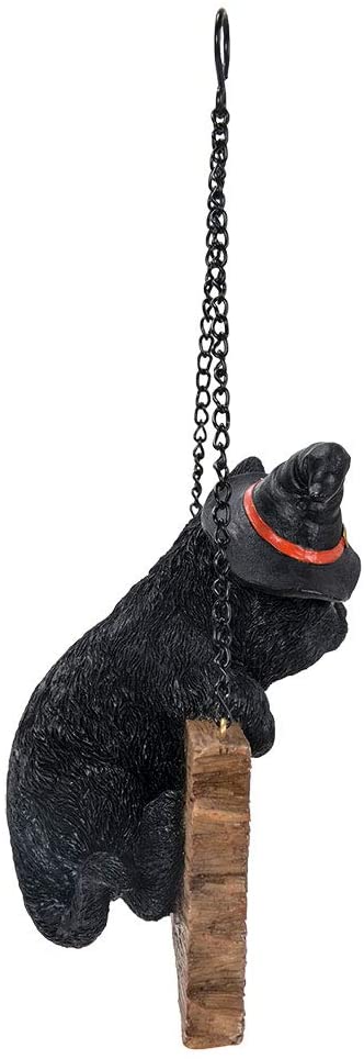 Black Cat With Witch Hat And Happy Halloween Sign Wall Ceiling Hanger Figurine