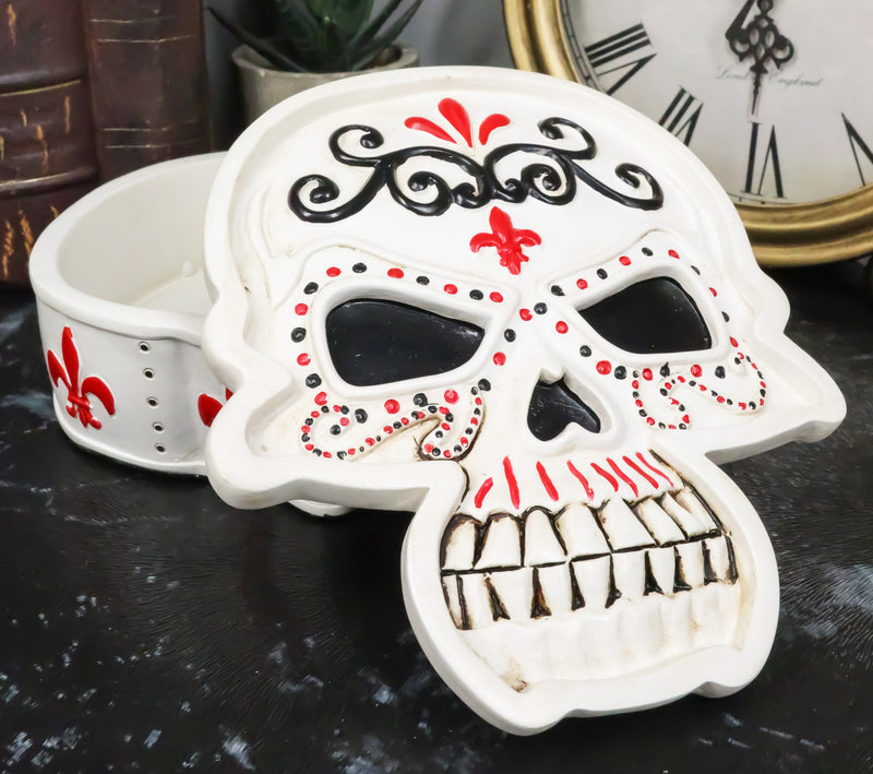 Day of The Dead White Le Fleur Skull Jewelry Box Figurine 5.5"L Skeleton Decor