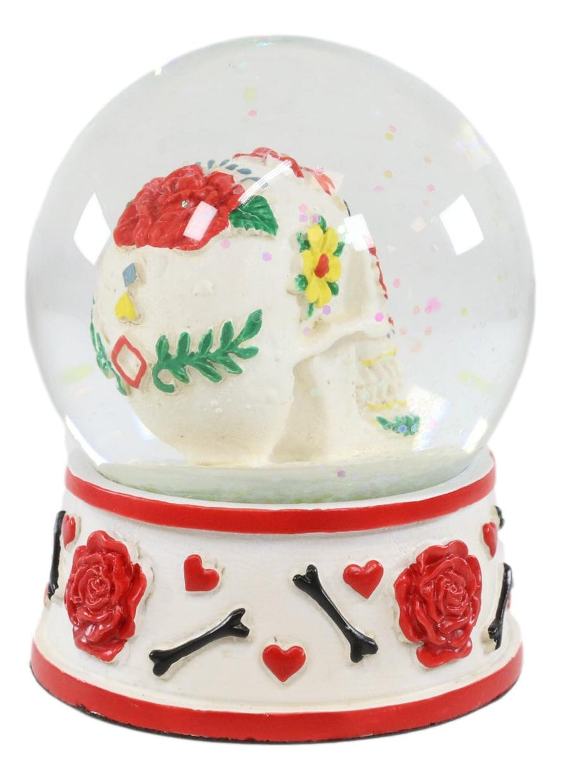 Ebros Day of The Dead Sugar Skull Red Roses Bones Hearts Small Glitter Water Globe