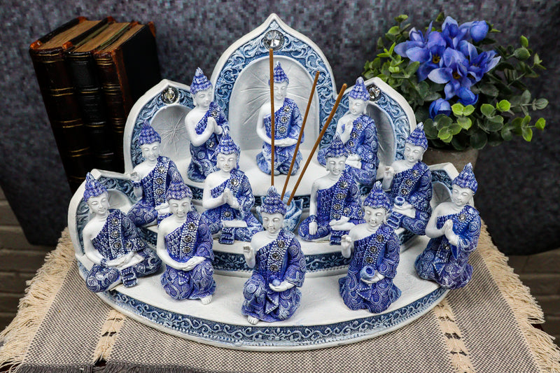 Blue Tibetan Buddhism Altar Incense Holder Display With 12 Mini Buddhas Set