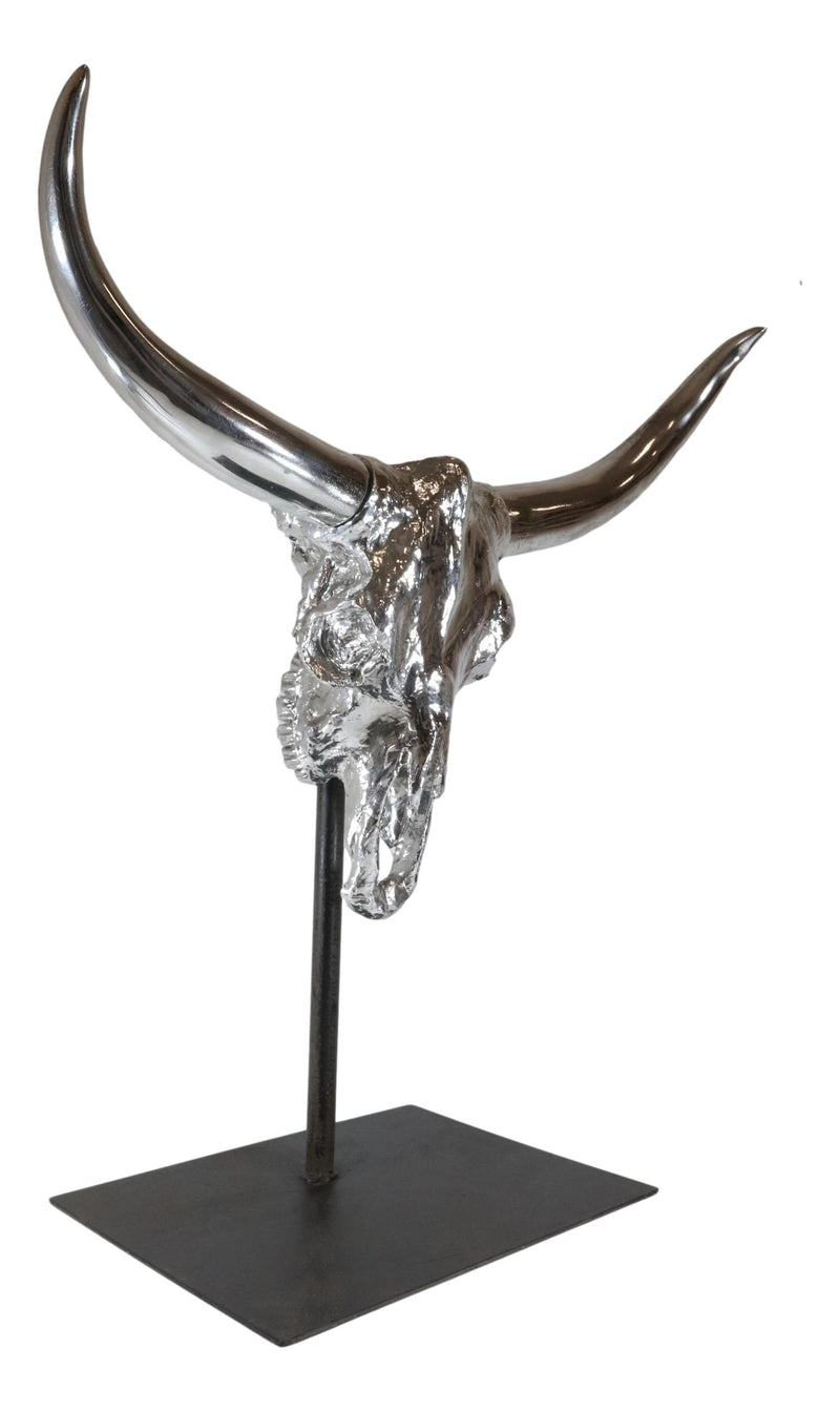 23"H Large Rustic Chrome Plated Longhorn Bull Steer Skull Resin Desktop Plaque