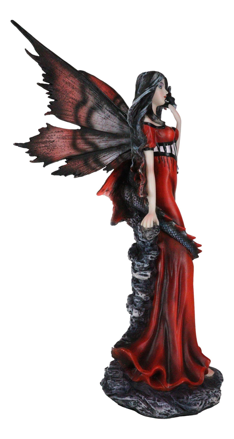 Butterfly Winged Elf Fairy In Red Evening Gown With Midnight Dragon Figurine