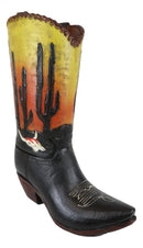 Western Desert Sunrise Dawn Cactus And Cow Skull Cowboy Boot Vase Sculpture