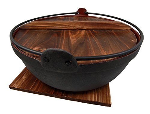 Ebros Gift Japanese Cast Iron Sukiyaki Shabu Shabu Nabe Ramen Personal Size Hot Pot With Wooden Lid 11.5" Diameter