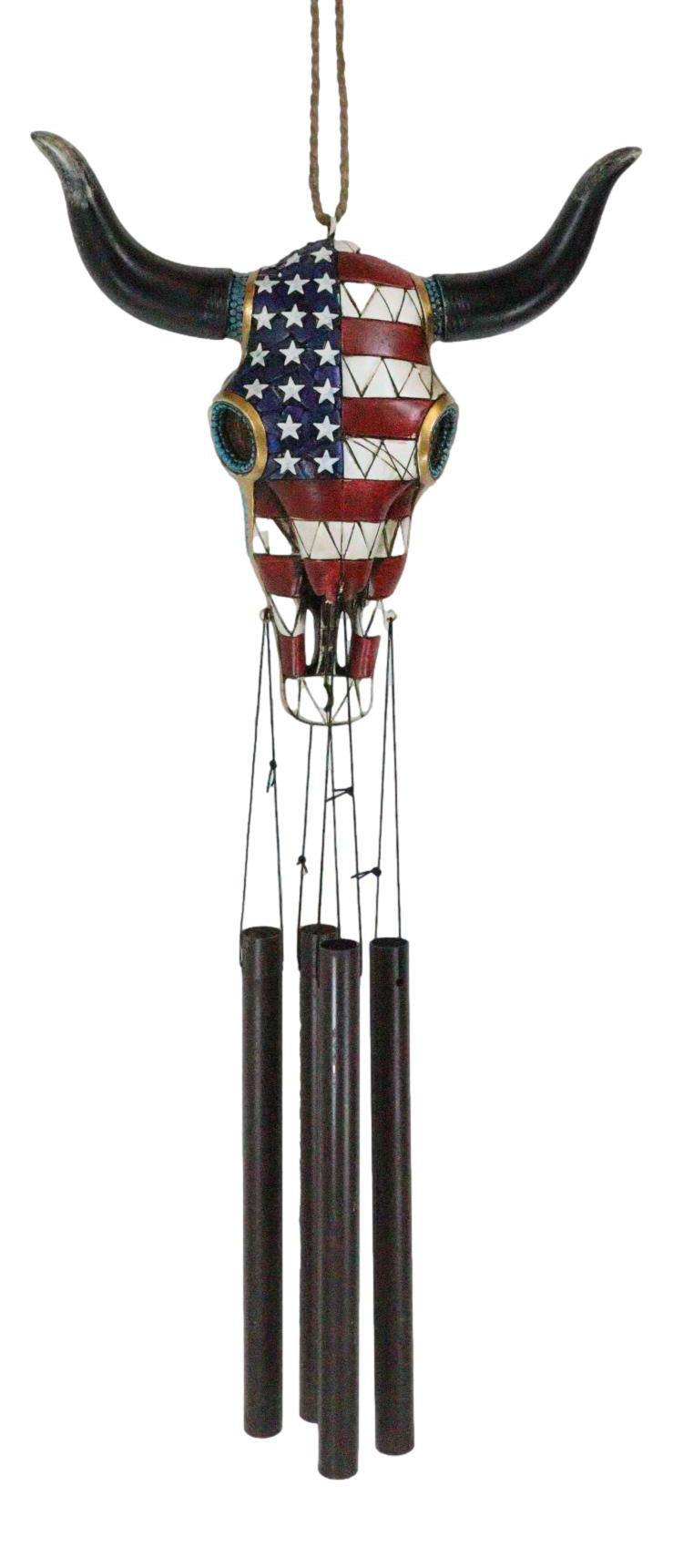 Large Rustic Western Patriotic Bull Cow Skull With US Flag Decorative Wind Chime