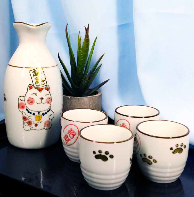 Ebros Japanese Maneki Neko Lucky Charm Cat Ceramic White Sake Set Flask With Four Cups