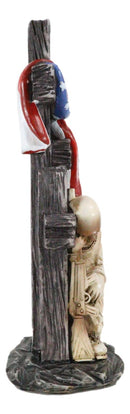 Kneeling Soldier In Prayer By 3 Rugged Crosses American Flag Memorial Figurine