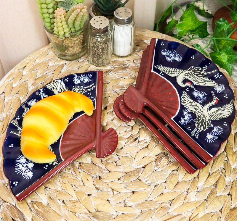 Ebros Set Of 4 White Storks Night Sky Oriental Fan Shaped Appetizer Sushi Plates