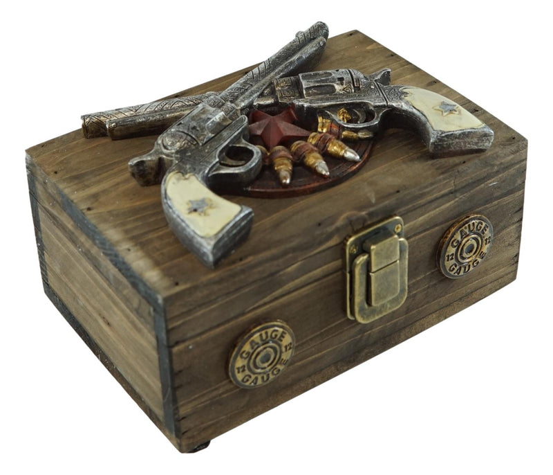 Western Rustic Cowboy Dual Revolver Pistols And Bullets Decorative Wood Box