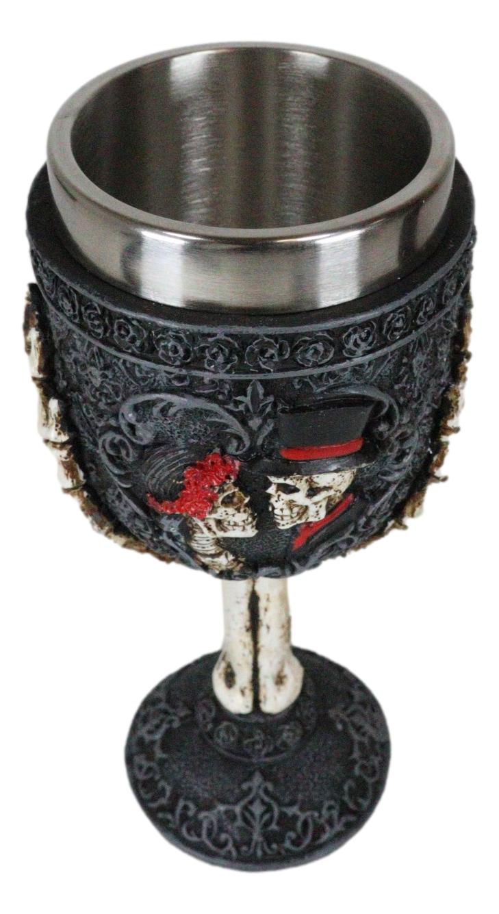 Gothic Day Of The Dead Skeleton Skull Bride And Groom Black Roses Wine Goblet