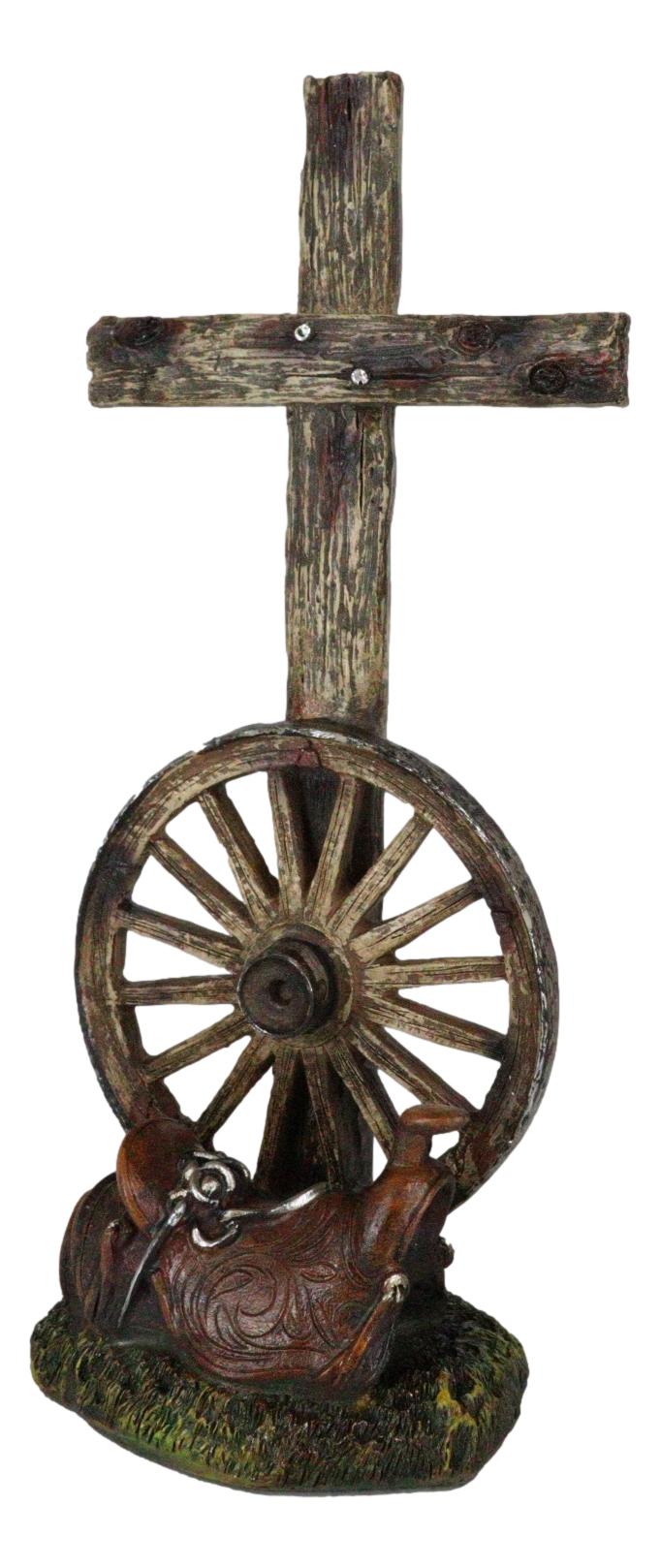 Country Western Wagon Wheel Cowboy Horse Saddle Rugged Cross Desktop Plaque