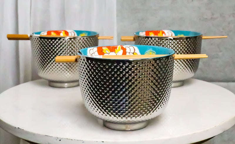 Set of 3 Luxury Ottoman Silver Plated Ramen Bowls Chopsticks Turquoise–  Ebros Gift