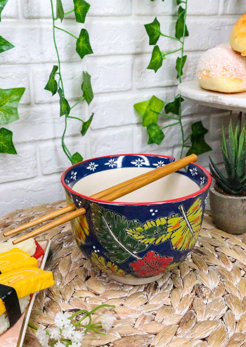 Pack Of 2 Colorful Summer Leaves Ramen Noodles Soup Bowl With Bamboo Chopsticks