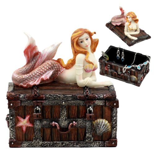 Beautiful Mermaid Ariel Resting On Sunken Treasure Jewelry Box Figurine 5.25"L