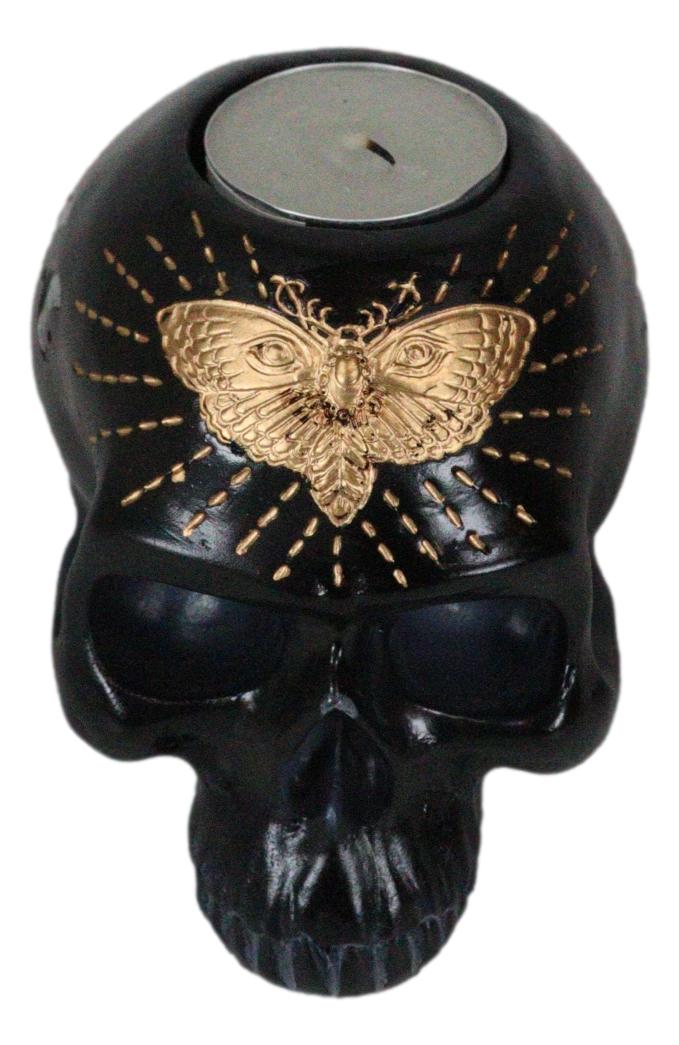 Black Gothic Skull Skeleton With Golden Butterfly And Evil Eye Candle Holder