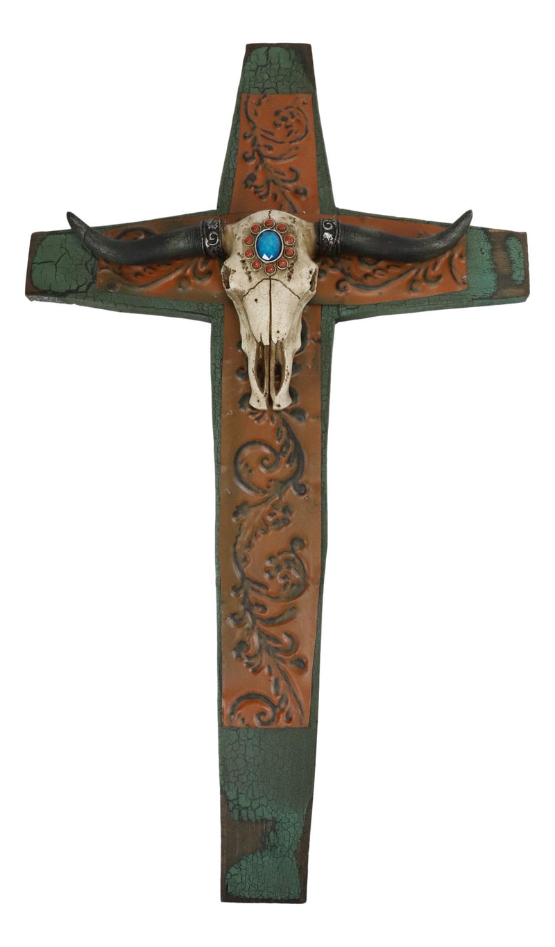 Rustic Western Turquoise Sun Floral Scroll Longhorn Bull Cow Skull Wall Cross