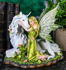 Ebros Gift Green Earth Gaia Fairy with Rare Floral White Unicorn Statue Decor Figurine 7" Long Unicorns Glade Enchanted Magical Encounter Collectible