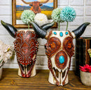 Set Of 2 Southwest Cow Skulls With Turquoise Rocks Tooled Leather Vase Figurines