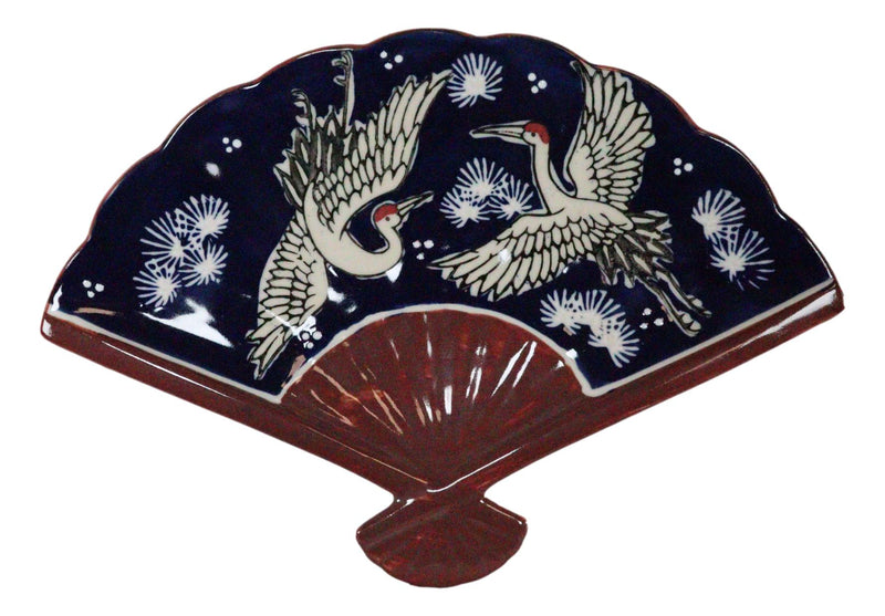 Ebros Set Of 4 White Storks Night Sky Oriental Fan Shaped Appetizer Sushi Plates