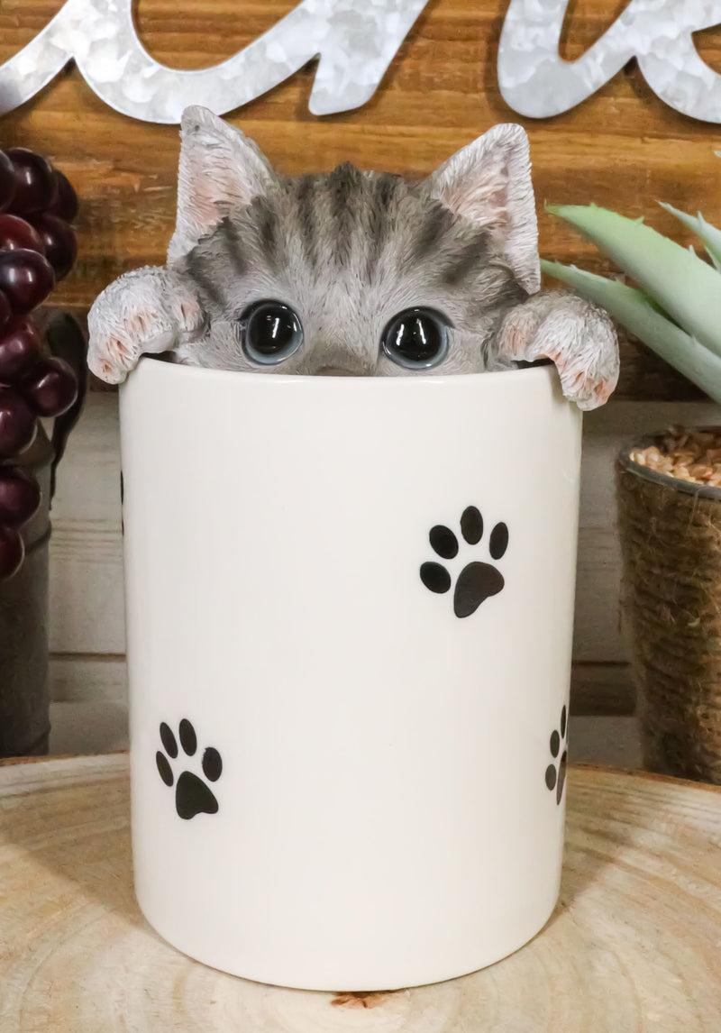 Ceramic Gray Tabby Cat Hiding and Peeking Dry Storage Jar With Paw Prints Decor