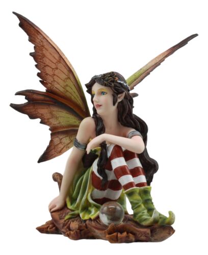 Jolly Christmas Woodlands Elf Fairy With Gazing Ball Sitting On Oak Leaf Statue