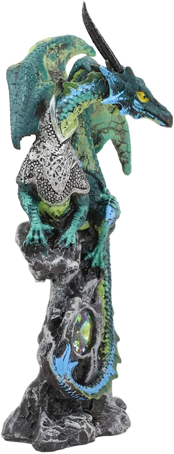 Ebros Armored Green Pagoda Dragon Perching On Gemstone Rock Pillar Statue 6.75"H