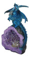 Armored Blue Dragon On Purple Quartz Faux Geode Crystal Cavern Rock Figurine