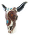 Set Of 2 Southwest Cow Skulls With Turquoise Rocks Tooled Leather Vase Figurines