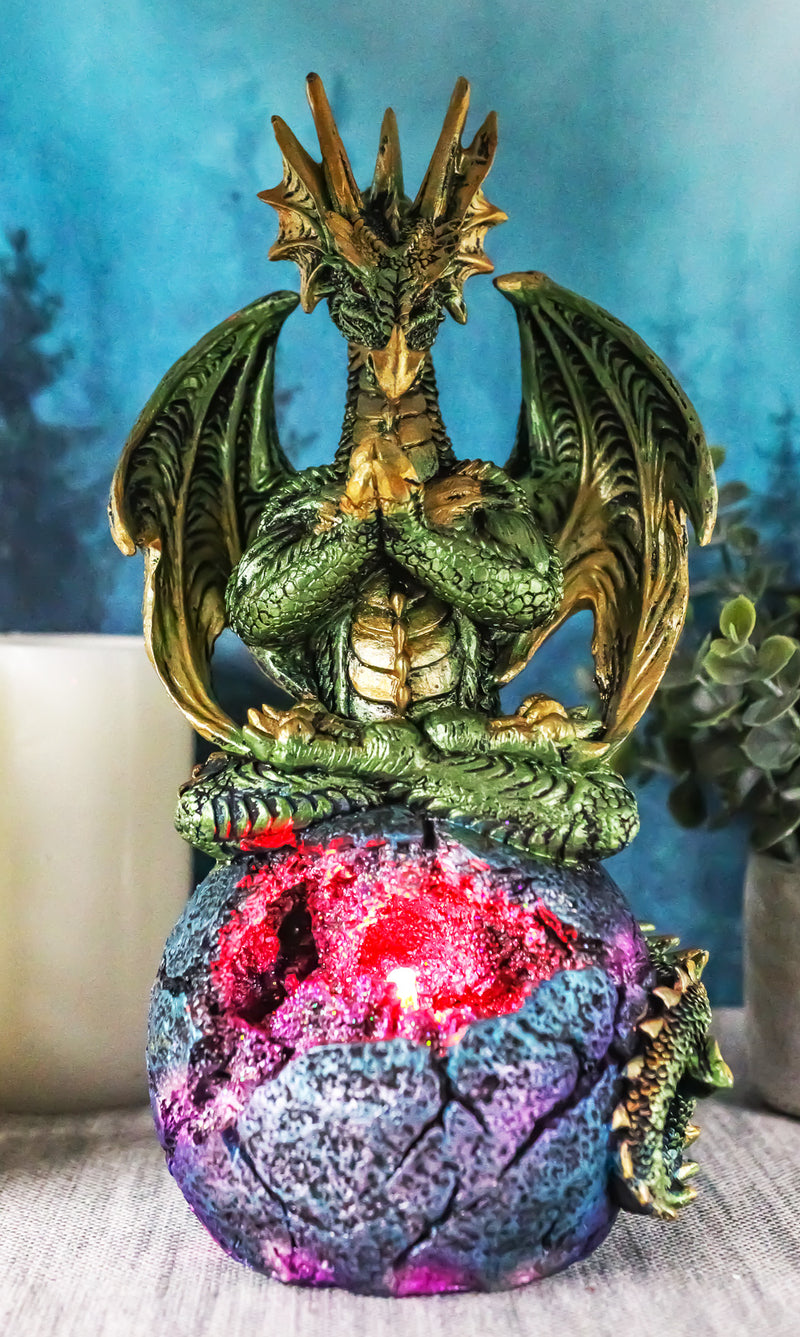 Meditating Green Gaia Yoga Monk Dragon On Rocky Earth LED Sphere Figurine