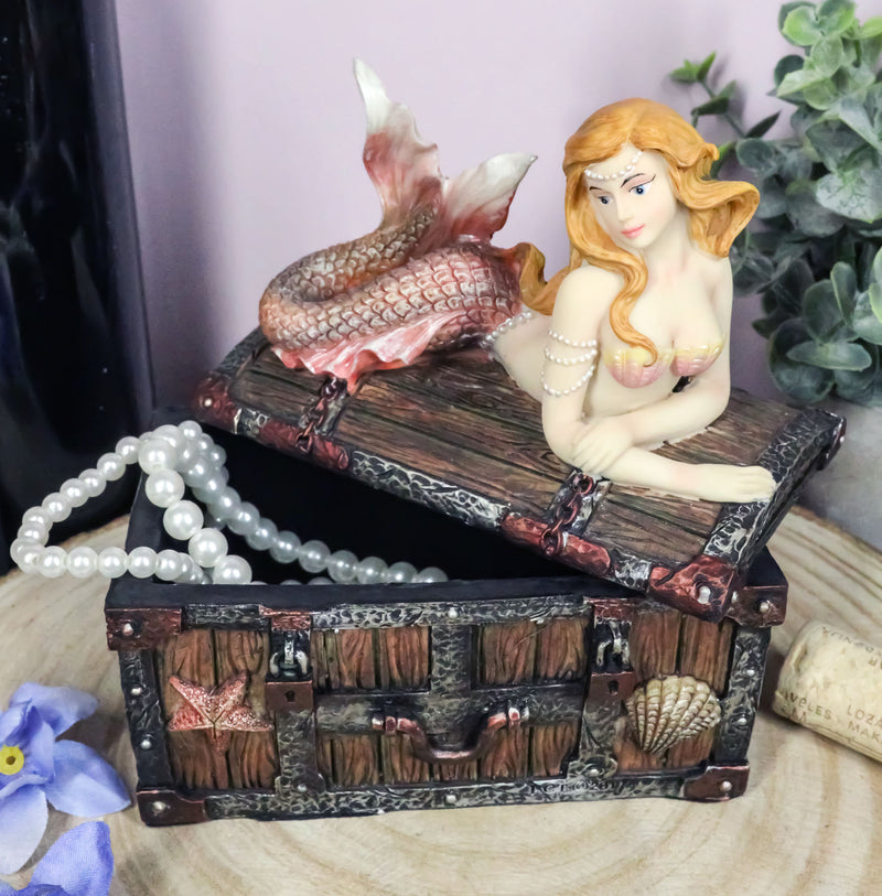 Beautiful Mermaid Ariel Resting On Sunken Treasure Jewelry Box Figurine 5.25"L