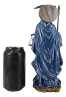 Standing Blue Santa Muerte With Scythe Scales of Justice And Wise Owl Figurine