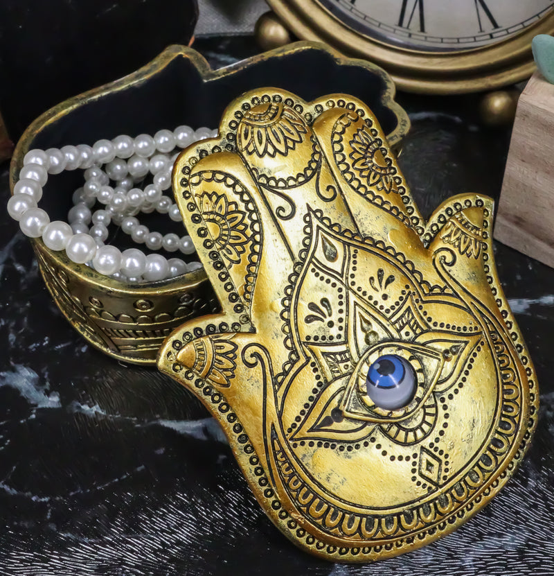 Golden Hamsa Palm Hand Of God With Rolling Evil Eye Decorative Box Figurine