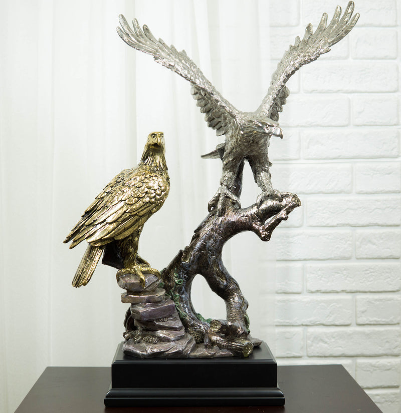 Ebros King Of The Skies Majestic Electroplated Gold Silver Bald Eagles Statue