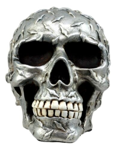 Ebros Gift Metallic Finish Diamond Plate Skull Figurine 4.5