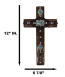 Rustic Western Turquoise Gems Silver Conchos Tooled Leather Wall Cross Decor