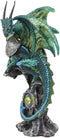 Ebros Armored Green Pagoda Dragon Perching On Gemstone Rock Pillar Statue 6.75"H