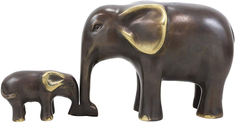 Ebros Brass Metal Safari Elephant Mother and Calf Bonding Scene Statue 9.25"L