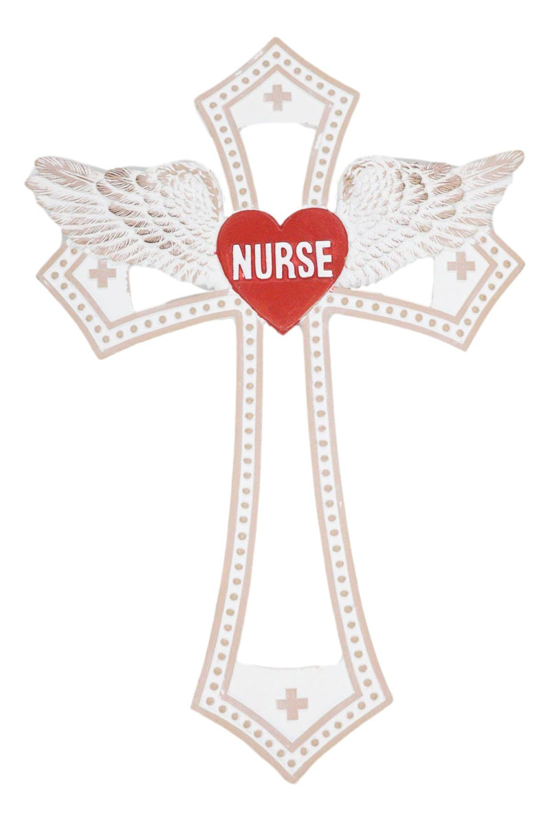 Western Physician Healer Red Heart With Angel Wings Nurse Wall Cross Decor Plaque