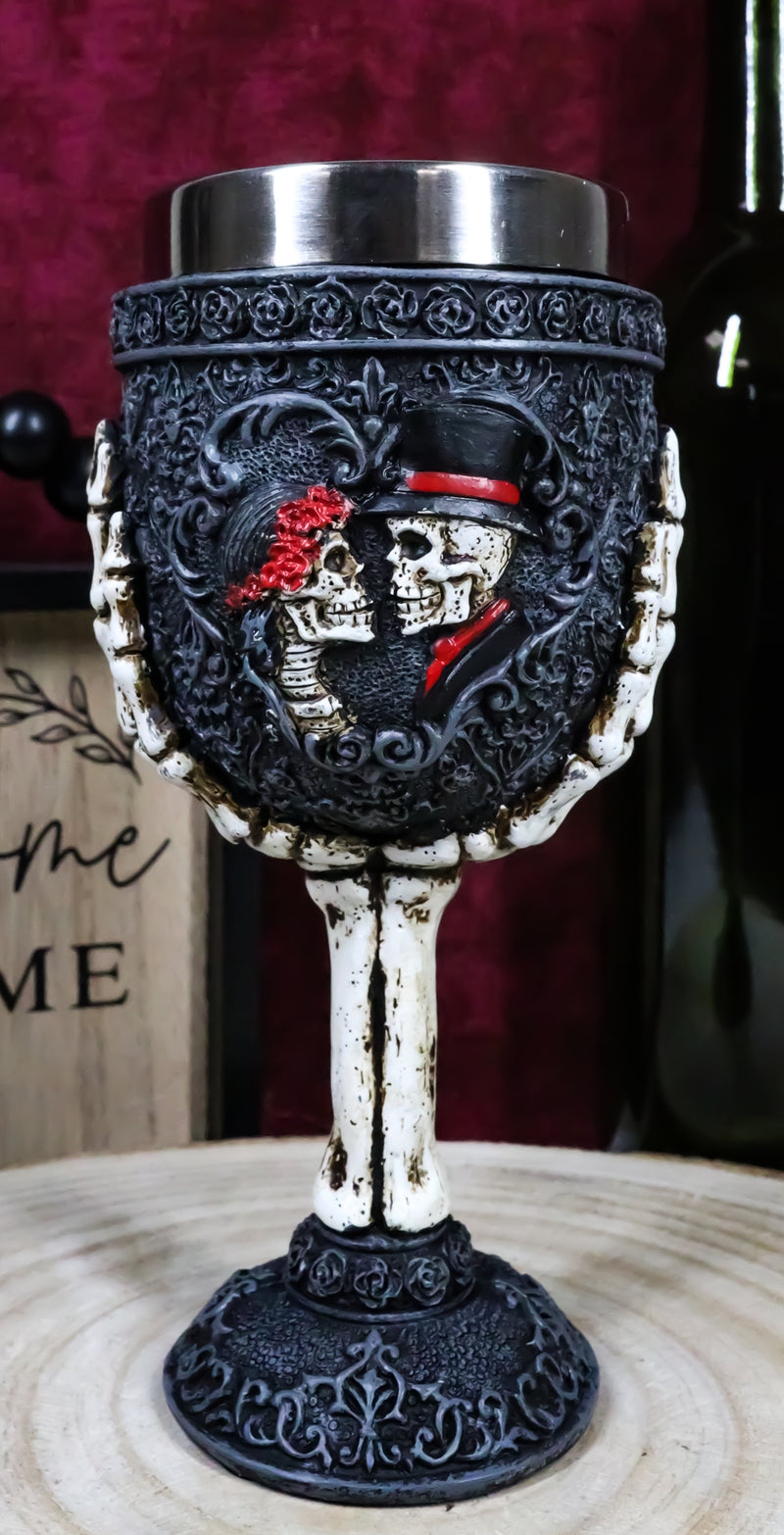 Gothic Day Of The Dead Skeleton Skull Bride And Groom Black Roses Wine Goblet