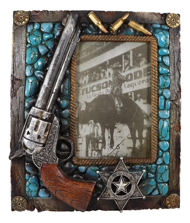 Rustic Western US Marshall Badge Gun Bullets Turquoise Rocks Photo Picture Frame