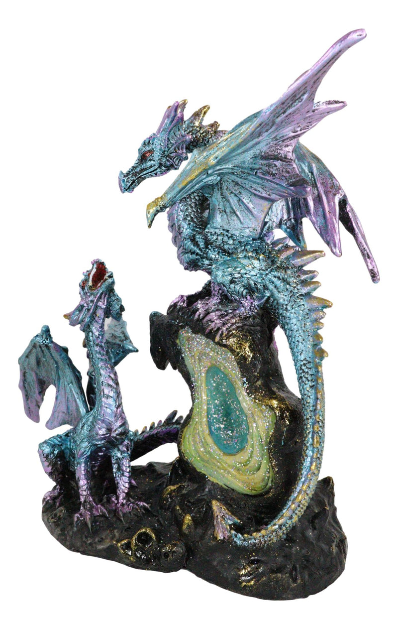 Dueling Dragons Family On Faux Emerald Quartz Geode LED Light Mountain Figurine