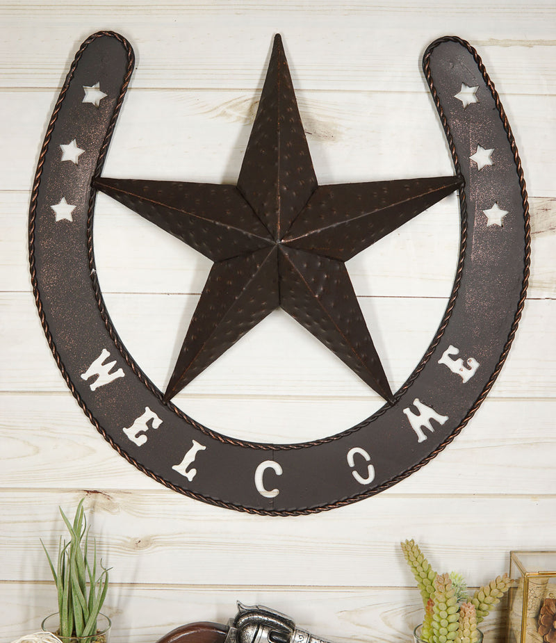 19"H Rustic Western Lucky Horseshoe and Lone Star Welcome Sign Wall Sign Plaque