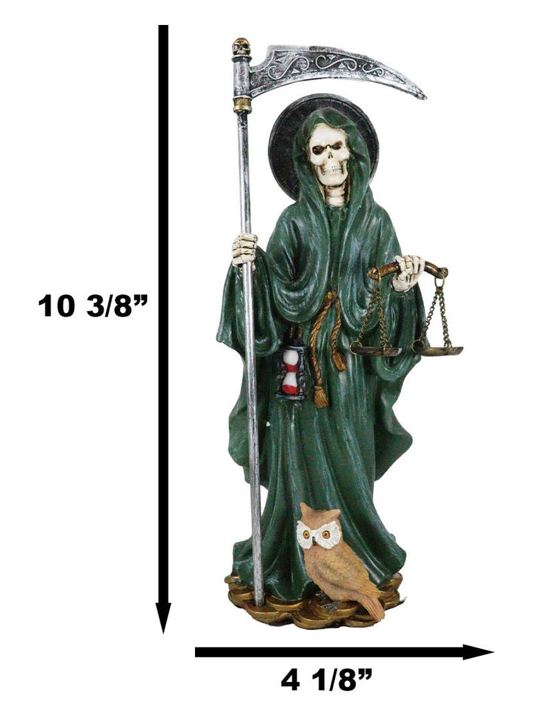 Standing Green Santa Muerte With Scythe Scales of Justice And Wise Owl Figurine