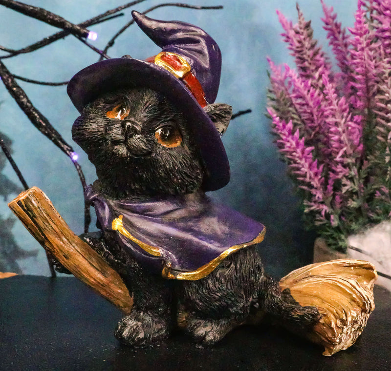 Halloween Black Cat with Witch Hat and Cape Riding Magical Broomstick Figurine