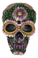 Black Day of The Dead Purple Fuchsia Floral Blooms Sugar Skull Figurine 7.5"L