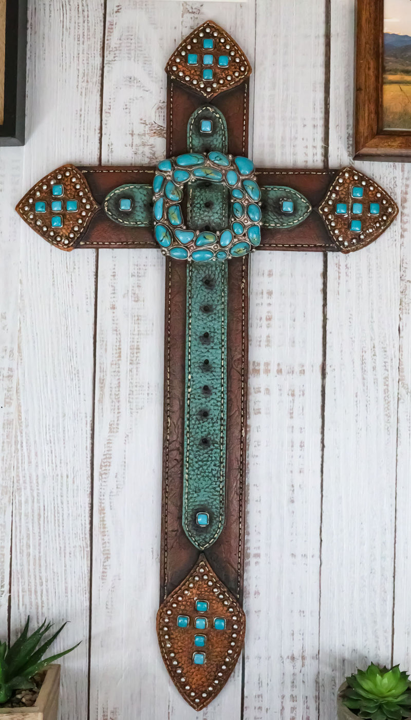 20" H Rustic Western Cowboy Faux Leather Turquoise Rocks Belt Buckle Wall Cross